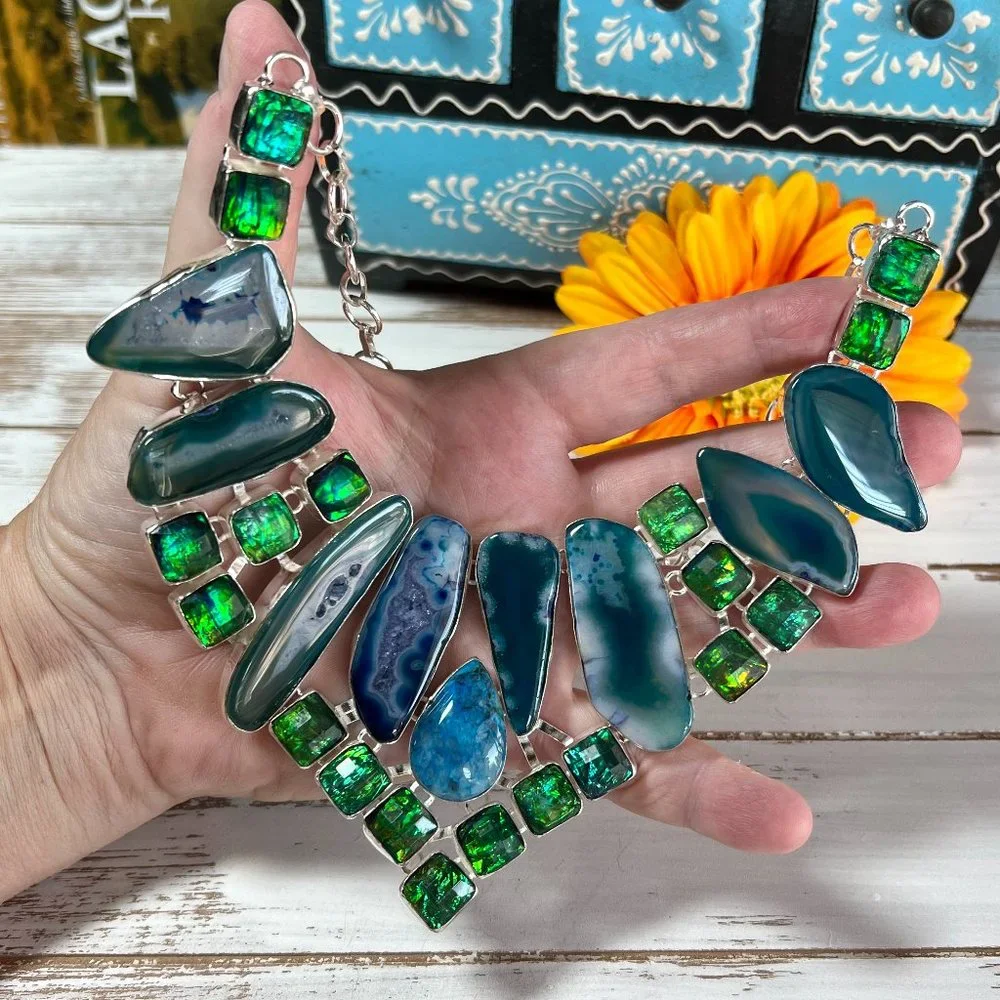 Solar Agate Necklace Triplet Opal Ocean Blue Large Handmade 925 Silver Boho New! - Picture 8 of 16